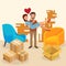 Young lovely family move new, romantic character couple buy house flat vector illustration. Delivery package stuff