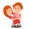 Young lovely male character holding female on arms, lover people couple, standing together cartoon vector illustration, isolated