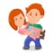 Young lovely male character holding female on arms, lover people couple, standing together cartoon vector illustration, isolated