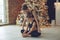 Young lovely woman and girl relaxing next to a Christmas tree and doing a yoga pose. Christmas, holiday, sports.