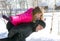 Young loving couple on winter nature, love story
