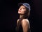 young make-up cool model profile in blue baseball cap with