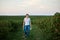 Young male artist, wearing torn jeans and white t-shirt, walking on green field during sunset, holding canvas and palette thinking