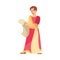 Young Male as Roman Emperor in Long Dress Reading Scroll Vector Illustration