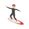 Young male athlete engaged in surfing. Guy on surfboard. Extreme water sport. Colorful flat vector design