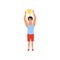 Young male athlete holding trophy over his head. Winner of sports competition. Flat vector design