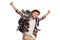 Young male backpacker jumping and gesturing happiness