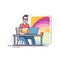 Young male cartoon freelancer working laptop, casual attire, glasses, smiling, office desk, coffee