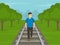 Young male character listening to loud music and walking on railway tracks during day time. Railroad safety rules and tips. Do not