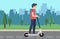 Young male character ride modern urban transport electric kick scooter. Active hipster adult millennial uses lifestyle