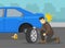 Young male character sits down and changes the flat rear tire on city road. Close-up side view.