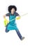 Young male cleaning service professional jumping