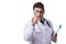 Young male doctor with a looking magnifying glass isolated on wh