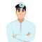 Young male doctor. Portrait of a physician otolaryngologist ENT with a medical mirror in a white medical hutal. Vector