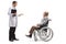 Young male doctor talking to an elderly gentleman in a wheelchair