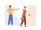Young male employee dismissed from job vector flat illustration. Upset female employer pointing on door direction to