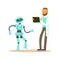 Young male engineer in white smock programming humanoid bipedal robot at his tablet, future technology concept vector