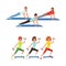 Young Male and Female Doing Physical Exercises on Mat During Aerobics Class Vector Set