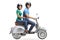 Young male and female riding on a vintage motorbike and wearing