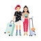 Young male and female tourists dressed in trendy clothing standing together and holding suitcases. Traveling romantic