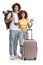 Young male and female travelers with a backpack and suitcase holding a passport