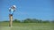 Young male golf player hitting ball in swing position bad result, sport training