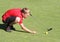 Young male golfer lining up putt