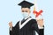 Young male graduation wearing face mask and holding his college certificate during the coronavirus pandemic