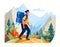 Young male hiker trekking mountainous area vibrant nature scene. Man large backpack hiking solo