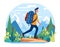Young male hiker trekking mountains smiling, wearing backpack, casual outdoor clothing. Man