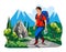 Young male hiker trekking trail mountains nature scene. Smiling backpacker walking outdoor