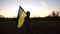 Young male military in uniform walks with flag of Ukraine at meadow. Soldier of ukrainian army going with blue-yellow