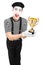 Young male mime artist presenting a trophy