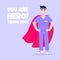 Young male nurse hospital medical employee with hero cape behind fights against diseases and viruses