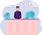 A young male receptionist stands at the front desk. Hotel lobby. Check-in hotel. Modern vector illustration.