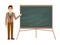 Young male teacher against blackboard in classroom on white. Professor showing on boardon on lesson. Flat