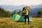 Young male traveler have a walk. Majestic Carpathian Mountains. Beautiful landscape of untouched nature