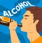 Young man with addiction to alcoholic drink, alcohol dependence, bad habit vector Illustration