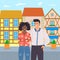 Young man and african american woman in casual clothes. People stading on city street flat design