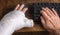 Young man with arm cast using a computer mouse