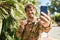 Young man army soldier make selfie by smartphone at park