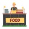 Young Man as Street Food Vendor Standing at Counter Vector Illustration