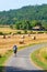 A young man with backpack is walking on a natural Tuscan landscape with a road through the fields, sunny day in June 2019, Italy