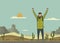 A young man, backpacker with raised hands in the desert. Hiker, Explorer. A symbol of success. Vector Illustration with