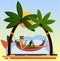A young man on the beach relaxing and drinking cocktail under the heat of the sun with two coconut tree. A flat cartoon style with