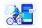 Young man on a Bicycle delivers orders. Courier Delivery. Flat 2D character. Concept for web design