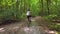 Young man in a bicycle helmet rides a bicycle through the forest. Following Shot