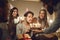 Young man blowing candles on his birthday cake surrounded by happy smiling friends