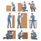 Young Man in Blue Cap Assembling and Installing Wooden Furniture Vector Set