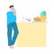 The young man in blue home clothes standing with a glass of water in the kitchen. Vector illustration in cartoon style.